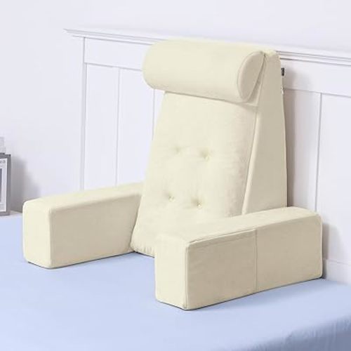 TANYOO Bed Pillow for Sitting Up in Bed with Adjustable Headrest & Arms, 25” Large Back Pillow, Dual Layer Support Foam Reading Pillow, Soft Plush Removable Cover for Reading, TV, Gaming Beige