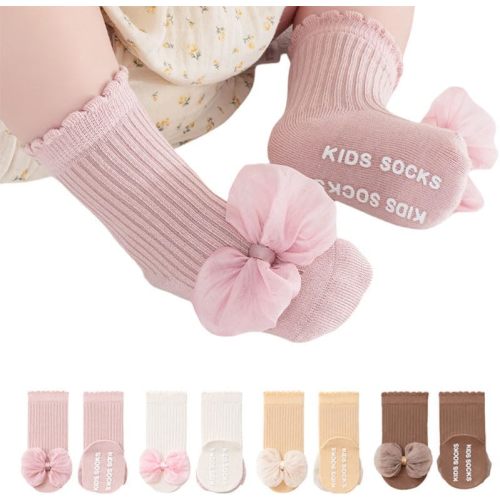 4Packs Baby Girls Socks Bow Non-Slip Grips for Babies Toddler Princess Middle Ankle Socks for Girls