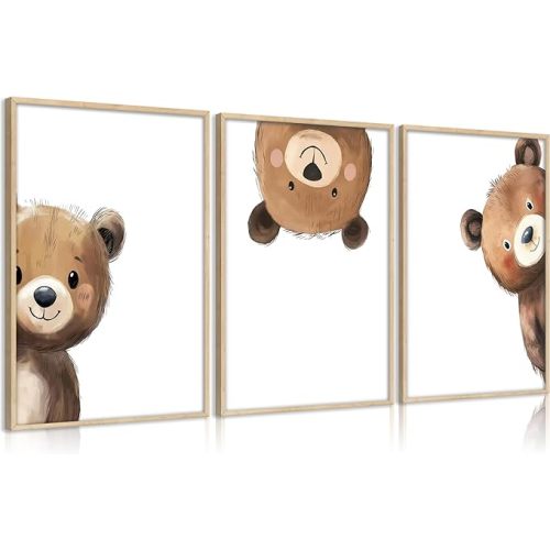 3Pcs Baby Teddy Bear Nursery Wall Art Peeking Bear Pictures Wall Decor Peekaboo Kids Room Decor Woodland Animal Posters Neutral Nursery Painting Canvas Print Artwork for Children's Baby Room Bedroom