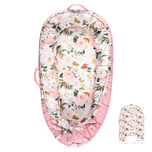 DILIMI Baby Lounger Cover, Cotton Baby Nest Replacement Cover for Girls Boys, Soft Breathable Reversible Newborn Lounger Cover, Pink Floral (Only Cover)