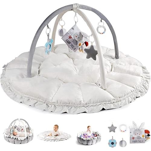 Baby Play Gym Mat, Thick Padded 50" x 50" Large 6-in-1 Cozy Tummy-Time Playmat with 5 Toys, Sensory Motor Skill Development Gift, Machine Washable Activity Floor Mat for Newborn (Gray+Beige)