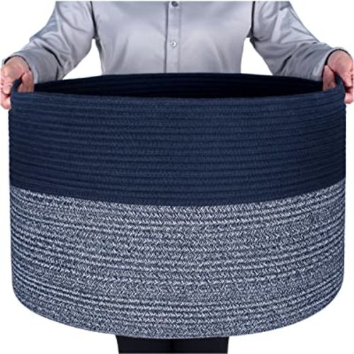 MINTWOOD Design Extra Large 22 x 14 Inches Blanket Storage Basket, Laundry Basket, Decorative Woven Cotton Rope Baskets for Blanket Storage Living Room, Dog Toy Storage Basket Bin, Navy Blue