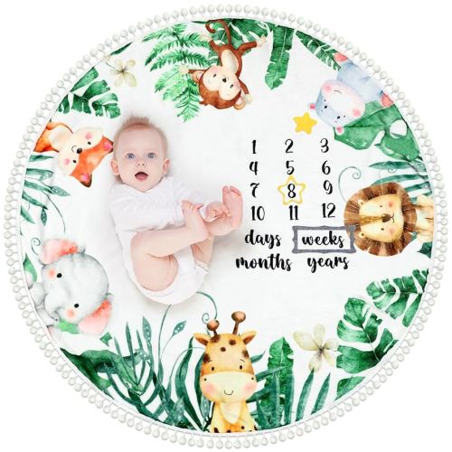 Peryiter Baby Monthly Milestone Blanket 43.3" x 43.3" Safari Jungle Animals Leaf Newborn Play Mat Flannel Round Baby Blankets with Growth Chart Pompom Ball for Boy Girl Nursery Decor Props Shower Gift