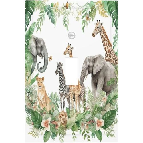 Tropical Leves Safari Animals Giraffe Elephant Zoo Decorative Light Switch Cover 1 Gang Single Toggle Device Electrical Faceplate Switchplates Decorator Outlet Wall Plate for Kids Room Nursery Decor