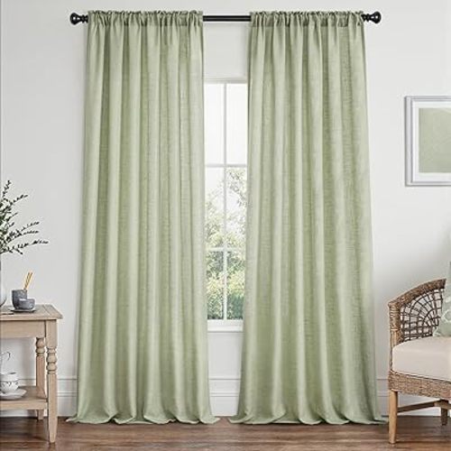 MIULEE Sage Green Linen Curtains 84 Inch Length 2 Panels Set for Living Room Bedroom Semi Sheer Light Filtering Farmhouse Rod Pocket Long Soft Thick Linen Textured Window Drapes W42XL84