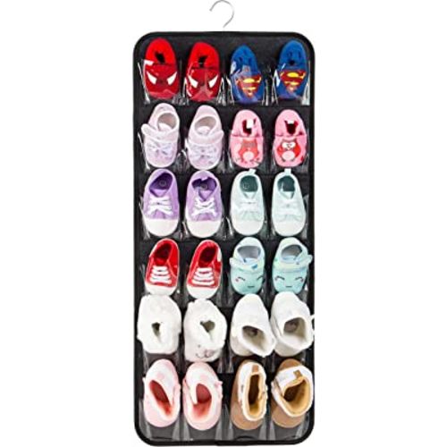 PACMAXI Over The Door Shoes Organizer for 12 Pairs of Baby Shoes Boys Girl, Hanging Baby Shoe Organizer with Hanger(Felt Material-Black)