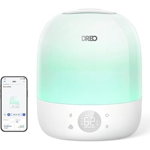 DREO Humidifiers for Bedroom Baby HM409S, Ultra Quiet 28dB & 3L Top Fill Cool Mist Humidifier for Nursery, Smart Air humidifier for Plants Indoor, 1500+ RGB Night Light & Sleep Routine Trainer