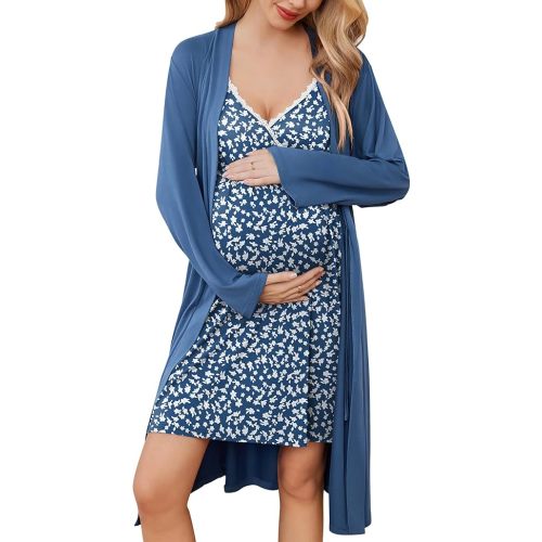 Ekouaer Maternity Nursing Gown and Robe Set 3 In 1 Labor Delivery Nuring Nightgowns for Hospital Breastfeeding Clothes