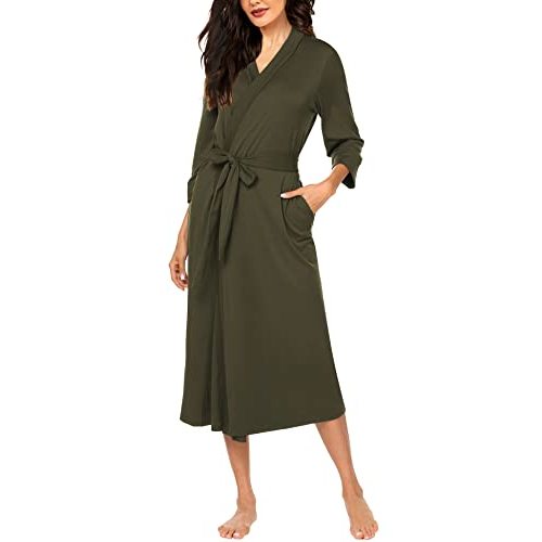 MAXMODA Women Bathrobe 3/4 Sleeve Robe Comfort Female Kimono Robe Sleepwear(Olive Green,M)