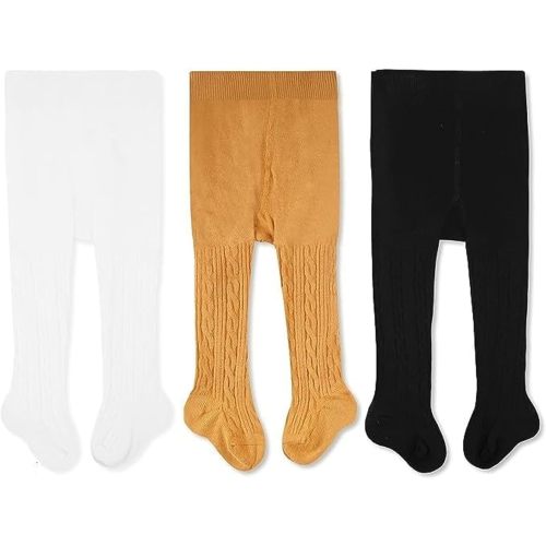 CozyWay Cable Knit Cotton Leggings/Tights for Baby Girls, 3 Pack, White/Black/Mustard, 0-6 Months Old