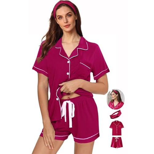 WJing Yi Jia Womens 3Pcs Pajama Sets Soft Pajamas Set Button Down Sleepwear Knitted Pjs XS-XXL Pj Lounge Set Bride Nightwear
