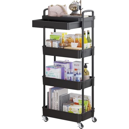 Calmootey 4-Tier Rolling Utility Cart with Drawer,Multifunctional Storage Organizer with Plastic Shelf & Metal Wheel,Storage Cart for Kitchen,Bathroom,Living Room,Office,Black