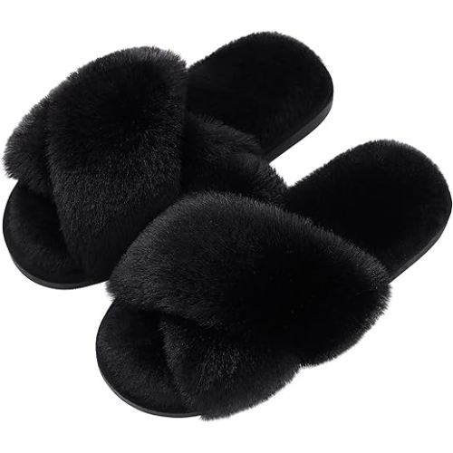 Evshine Women's Fuzzy Slippers Cross Band Memory Foam House Slippers Open Toe