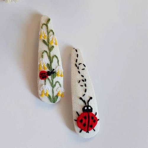 Ladybug Hair Clip for Girls, Embroidery TearDrop Hair Clip, Hand Embroidered Hair Clip, Handmade Linen Hair Accessories