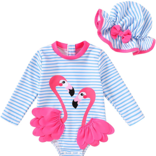 Infant Baby Swimsuit Girl Long Sleeve UPF 50+ Sun Protection One-Piece Rash Guard with Hat Zipper Bathing Suit