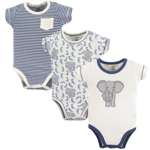 Touched By Nature Baby Boy Organic Cotton Bodysuits 3pk, Elephant, 0-3 Months