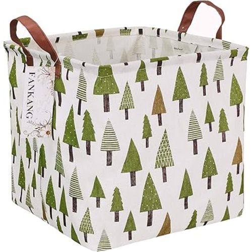 FANKANG Square Nursery Hamper Storage Bins Canvas Laundry Basket Foldable with Waterproof PE Coating Large Storage Baskets Gift Baskets for Children Office Bedroom ClothesToys (SquareGreen forest)
