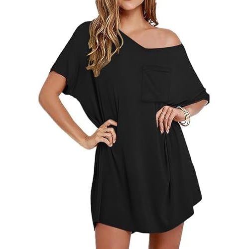 Ekouaer Nightgown for Women Bamboo Viscose Sleepshirt short sleeve Nightshirt V Neck T shirt Night gown Boyfriend Sleepwear