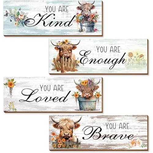 Thrist Highland Cow Decor Wall Art 4PCS Wooden Inspirational Farmhouse Wall Art Picture Print Painting Loved Brave Kind Enough Positive Quotes Highland Cow Decor for Bathroom Bedroom Living Room