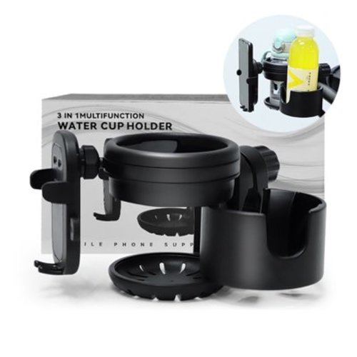 SteAnny 3in1 Cup Holder for Kid,Adult,Suit Phone, Stroller, Wheelchair, Walker, Scooter, Bicycle(Black)
