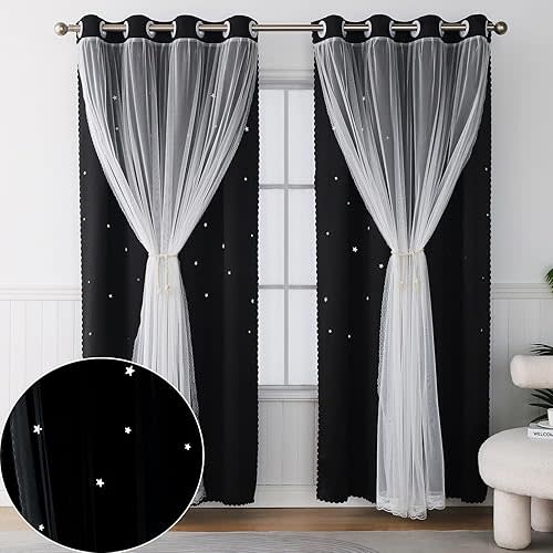 Black Curtains for Bedroom - 63 Inch Length 1 Panel Set - Blackout Curtain Aesthetic Star Cutout - Double Layer with White Tulle - Kids Girls Room Decor Cute Nursery Drapes