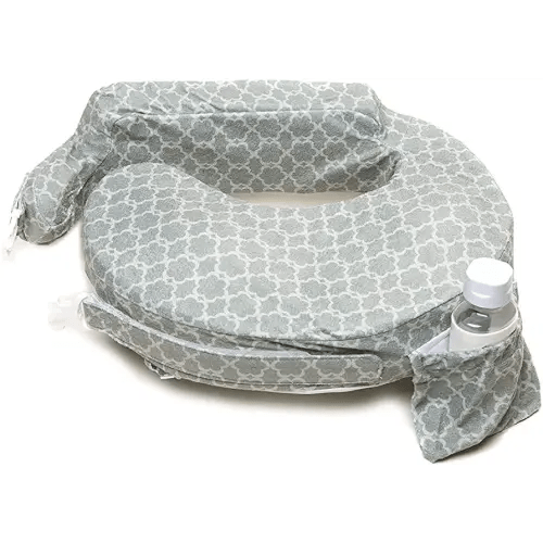 My Brest Friend Deluxe Nursing Pillow for Breastfeeding & Bottle Feeding, Enhanced Posture Support, Double Straps & Removable Extra Soft Slipcover, Flower Key Grey