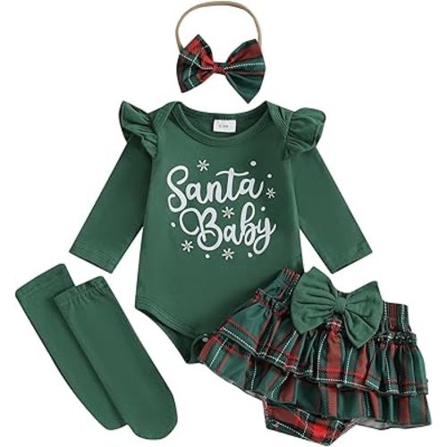 FYBITBO Newborn Baby Girl Christmas Outfits Cute Letter Romper Ruffle Plaid Skirt Dress Infant Christmas Outfit Clothes Set