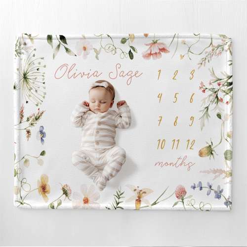 Milestone Blanket Girl Custom Name Blanket Wildflower New Baby Gift Girl Floral Month Blanket Personalized Baby Shower Keepsake Gift B1