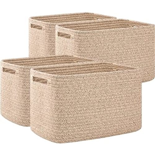 OIAHOMY 4 Pack Storage Baskets for Organizing, Cube Storage Bins for Shelves, Rectangle Storage Baskets With Handles, Woven Baskets for Storage, 12.7''Lx9''Wx7.8''H, Brown