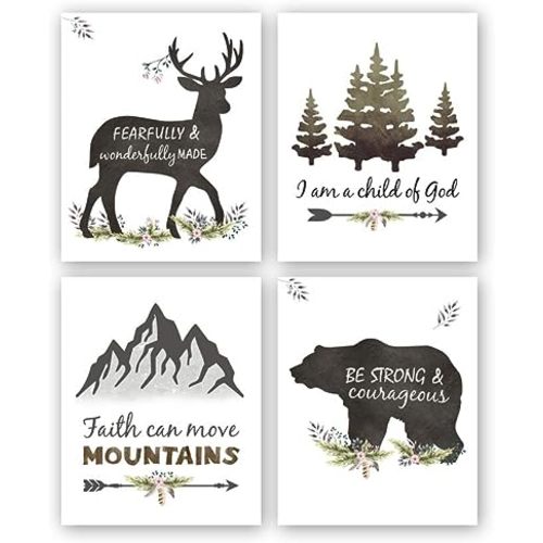 KAIRNE Woodland Inspirational Quote Art Print,Forest Animals Bible Verse Canvas Poster Picture,Set of 4(8”x10”,Unframed) Watercolor Nursery Wall Art for Kids Room Decor