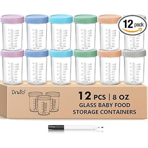 DRKIO 12 Pack Glass Baby Food Storage Containers - 8 Oz Baby Food Jars with Lids Baby Food Maker Microwave Dishwasher Freezer Safe 100% Leak Proof BPA Free Reusable