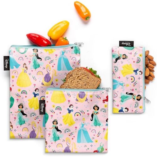 Simple Modern Disney Reusable Snack Bags for Kids | Food Safe, BPA Free, Phthalate Free, Polyester Zip Pouches | Washable & Refillable Sandwich Bag | Ellie Collection | 3 pack | Princess Rainbow