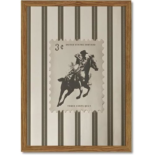 Vintage Western Wall Art, Striped Rodeo Wall Decor Southwest Cowboy Poster Canvas Prints, Retro Stamp Mid West Mid Century Artwork Aesthetic for Bedroom Living Room 12x16 inch Wood Framed