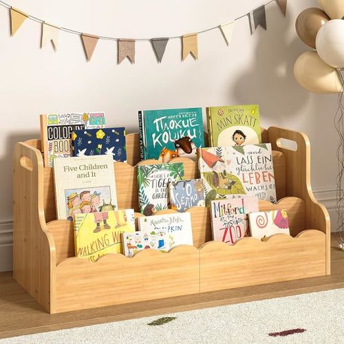 ELYKEN Bamboo Kids Bookshelf, Montessori Toddler Bookcase Organizer with Handles for Nursery, Playroom, Bedroom, 3-Tier Natural Children’s Book Shelf