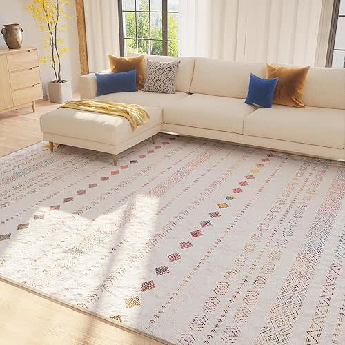 Area Rug 8x10 Washable Rugs for Living Room Rug Non-Slip, Soft Moroccan Geometric Farmhouse Low Pile Design Printed Carpet for Dining Room Bedroom Office Home Decor Colorful