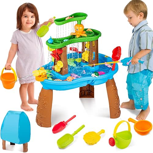 Water Table for Toddlers 3-5 Outdoor Toys for Kids Ages 4-8 3-Tier Kids Sand Water Table with Fishing Game Set Activity Sensory Table Summer Gift Beach Outside Toys for Toddlers