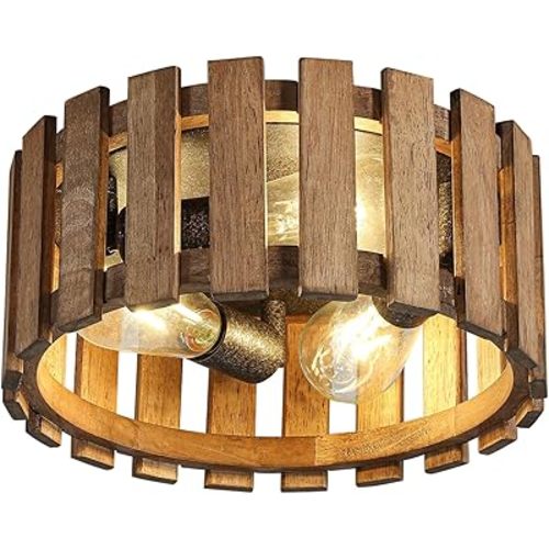 3-Light Rustic Flush Mount Light Fixture, 12.2 Inch Farmhouse Wood Round Drum Semi Flush Mount Ceiling Light for Hallway Bedroom Kitchen Entryway, Brown