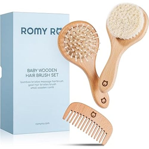 3 Piece Wooden Hair Brush Set for Newborns & Toddlers - Ultra Soft Natural Goat Hair and Wood Brushes in Chic Gift Box
