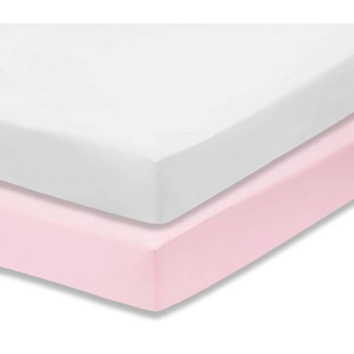 Everyday Kids 2-Pack Fitted Crib Sheets, 100% Soft Breathable Microfiber Baby Sheet, Fits Standard Size Crib Mattress 28in x 52in, Pink Nursery Sheet and White Nursery Sheet