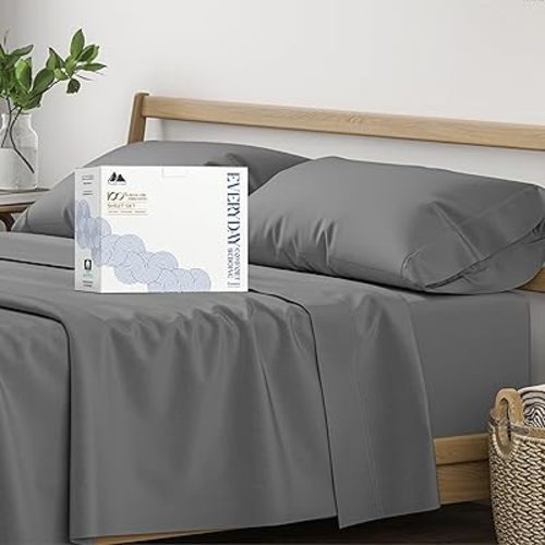 Mayfair Linen 100% Organic Cotton Sheets Queen Size - 4 PC Organic Cotton Queen Size Percale Weave Sheet Set, Soft, Cooling, Crisp & Breathable, 16" Deep Pocket Hotel Quality Bedding Set - Dark Grey