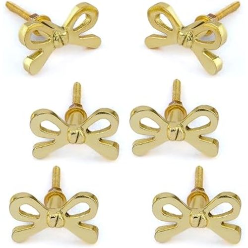 Perilla Home Set of 6 Brass Bow Knobs for Cabinet & Drawers Decorative Bow Knobs for Home Kitchen Cabinet Hardware Cupboard Metal knobs Door Dresser Wardrobe and Drawer Pulls