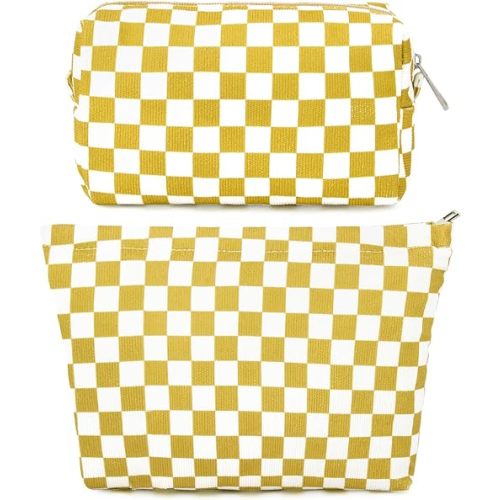 2 Pcs Checkered Makeup Bag Large Cosmetic Bag Toiletry Bag Makeup Pouch Travel Bag Organizer Cute Makeup Brushes Aesthetic Accessories Storage Bag for Women Golden Yellow