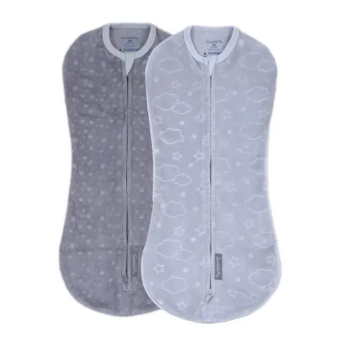 SwaddleMe by Ingenuity Compression Baby Swaddle Pod in Velboa, Two-Way Zipper for Easy Diaper Changes, Improves Sleep & Calms Startle Reflex, 0-2 Months, 1.0 TOG, 2-Pack - Clouds & Stars