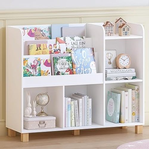 Spirich Kids Bookshelf and Toy Storage, Children Cube Organizer Bookcase Shelf, Tall Kids Book Rack for Bedroom, Playroom and Nursery, White