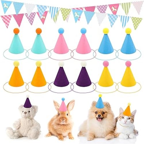 Windspeed 12 Mini Party Hat for Stuffed Animal with 2P Celebration Banner for Animal Birthday Party Hat for Small Medium Dogs Cat Puppies Birthday Christmas Party Decoration
