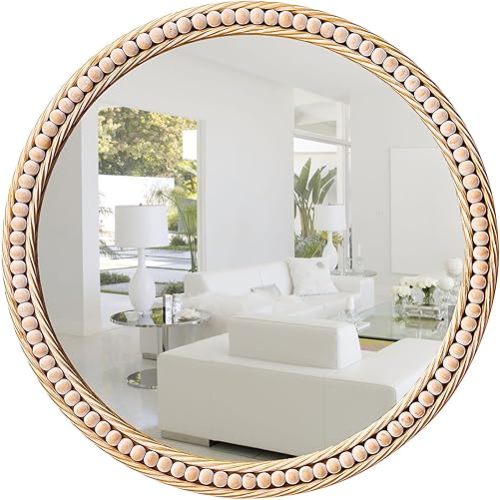 Gluck Plants Gold Round Mirror,Circle Wall Mirror for Bathroom,24" Rustic Beaded Mirror Farmhouse Decorative Vanity Accent Mirror for Living Room,Bedroom,Fireplace,Hallway