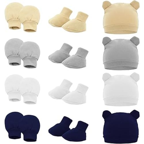 ROUDJER Cotton Baby Hats with Mittens Socks, 4-Sets Warm Breathable Soft Newborn Hospital Hats Set, Beanie Bear Ear Hat Set for 0-6 Month Boys and Girls