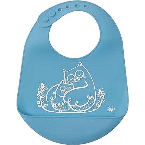 modern-twist Bucket-Bib 100% Food-Grade Silicone, Waterproof and Reusable, Owls – Electric Blue