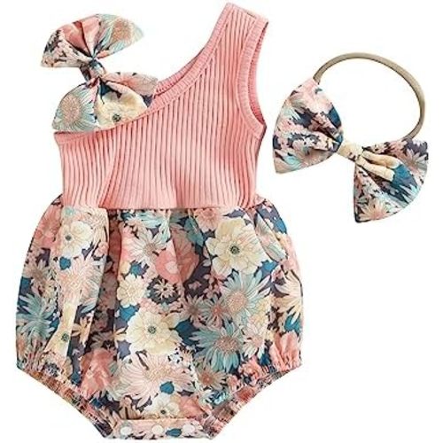 Fernvia Newborn Baby Girl Summer Clothes 3 6 12 18 Months Knit Floral Sleeveless Strap Bodysuit Romper Jumpsuit