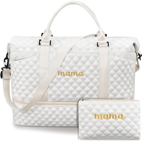 Mama Hospital Bag for Women Labor Delivery Travel Duffle Bag with Shoe Compartment and Toiletry Pouch Waterproof Letter Embroidered for Weekender Overnight Gym Gift, Beige
